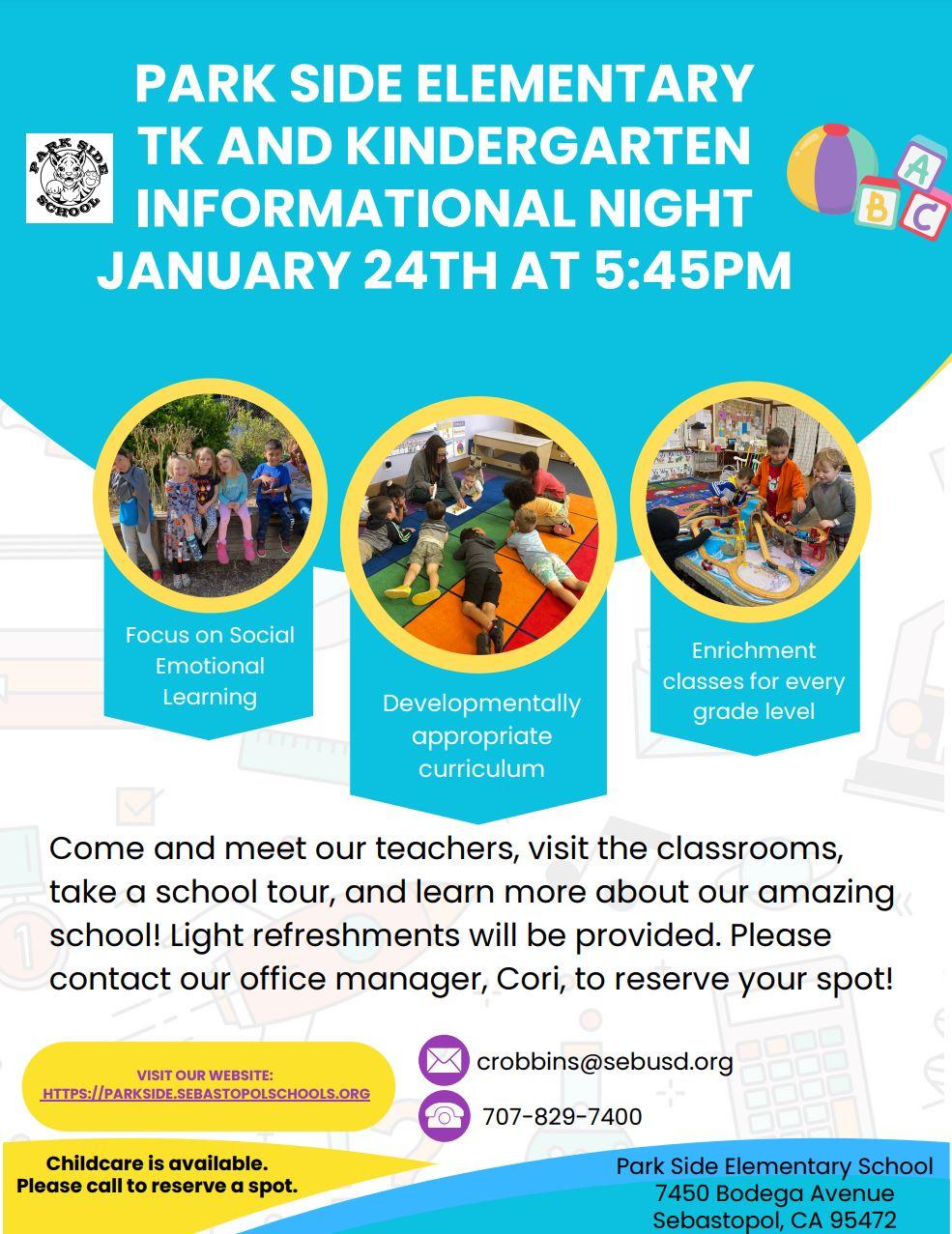 TK AND KINDERGARTEN INFORMATIONAL NIGHT JANUARY 24TH AT 5:45PM
